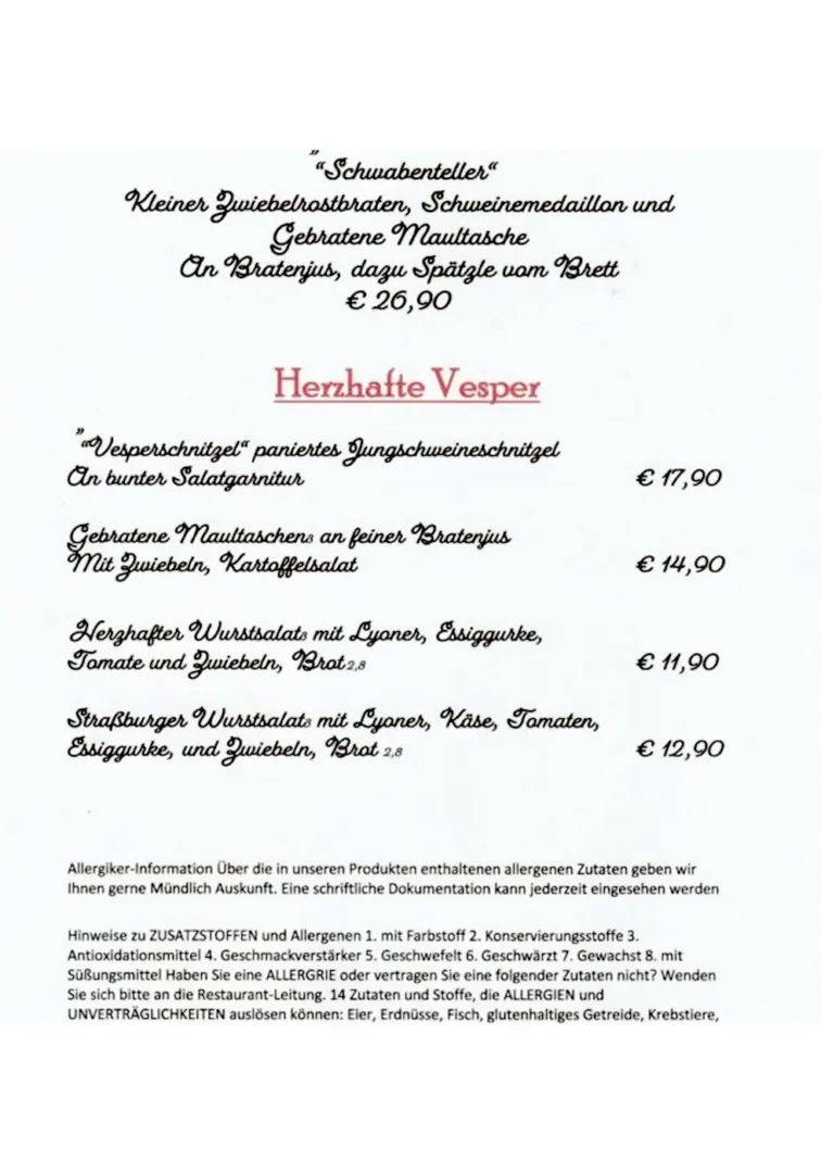 Speisekarte für herzhafte Vesper